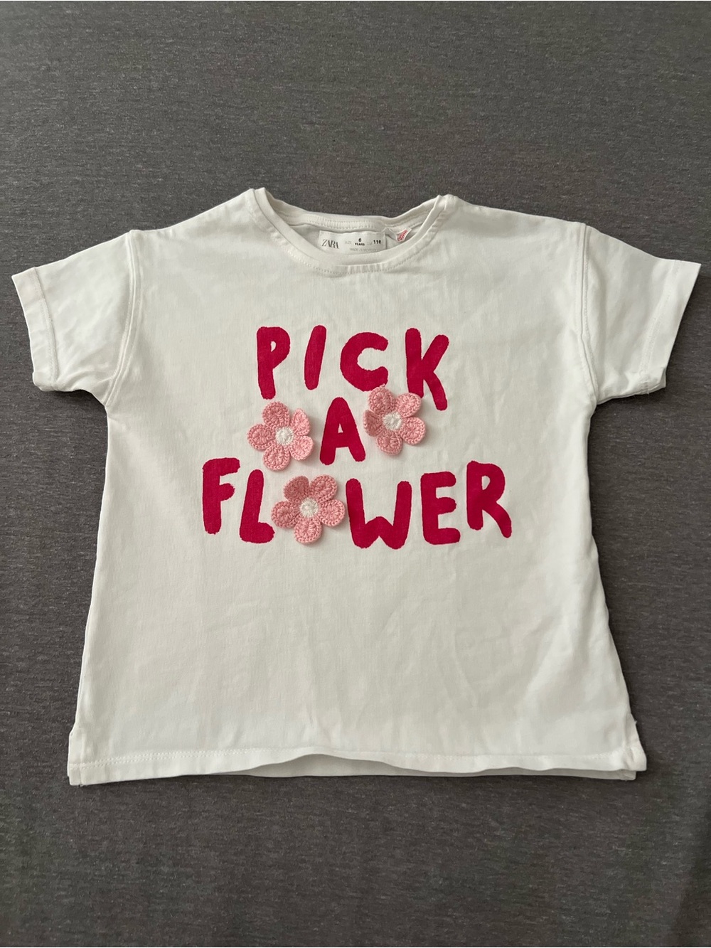 Zara White Tee with Bright Pink Text and Pink Flower Appliqués